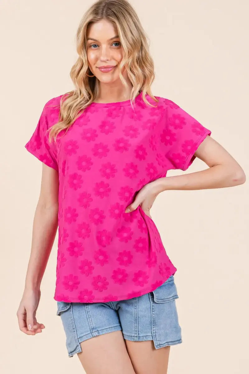 BOMBOM Textured Floral Pattern Short Sleeve T-Shirt for Women - Love Salve